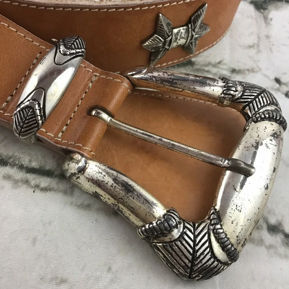Womens Sz S Belt Western‎ Silver-Tone Buckle Studded Rodeo Tan Faux Leather